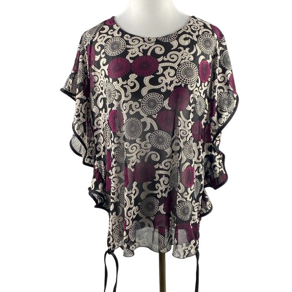 Lavena Blouse Womens XL‎ Sheer Flowy Pullover Geometric Black White Fushia - Picture 1 of 13